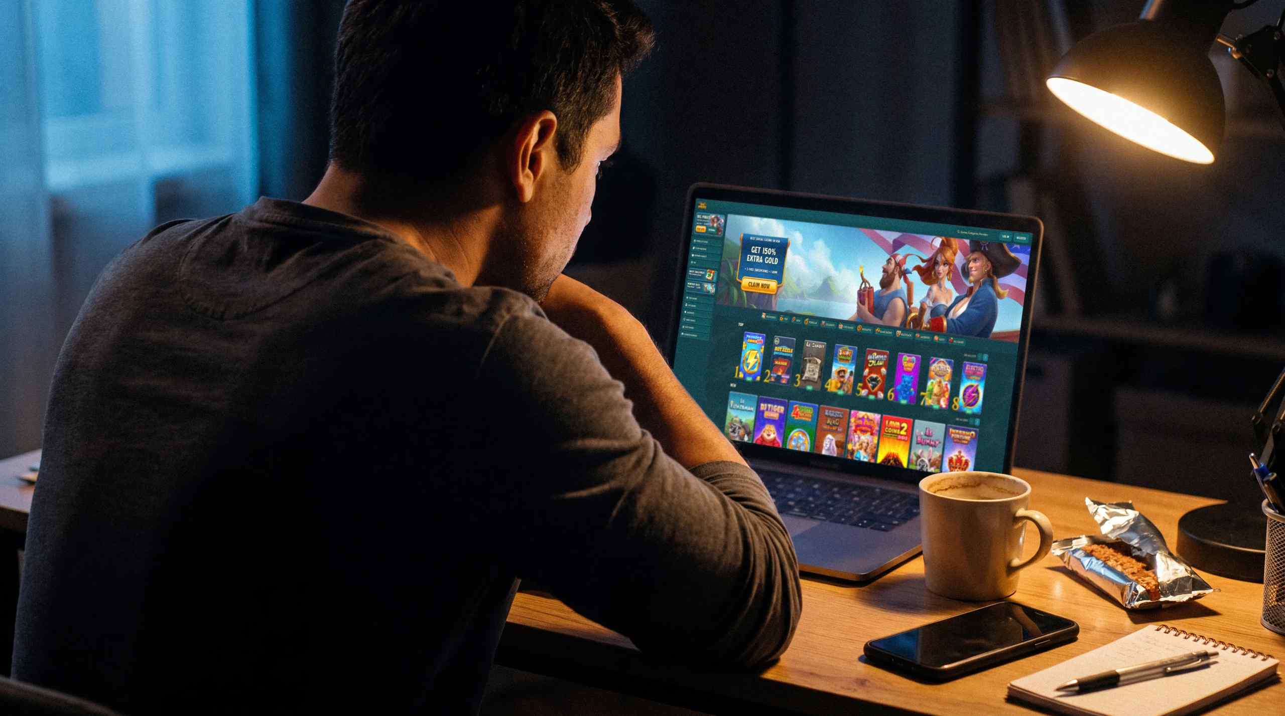 A man browsing different games on a sweepstakes casino on his laptop.
